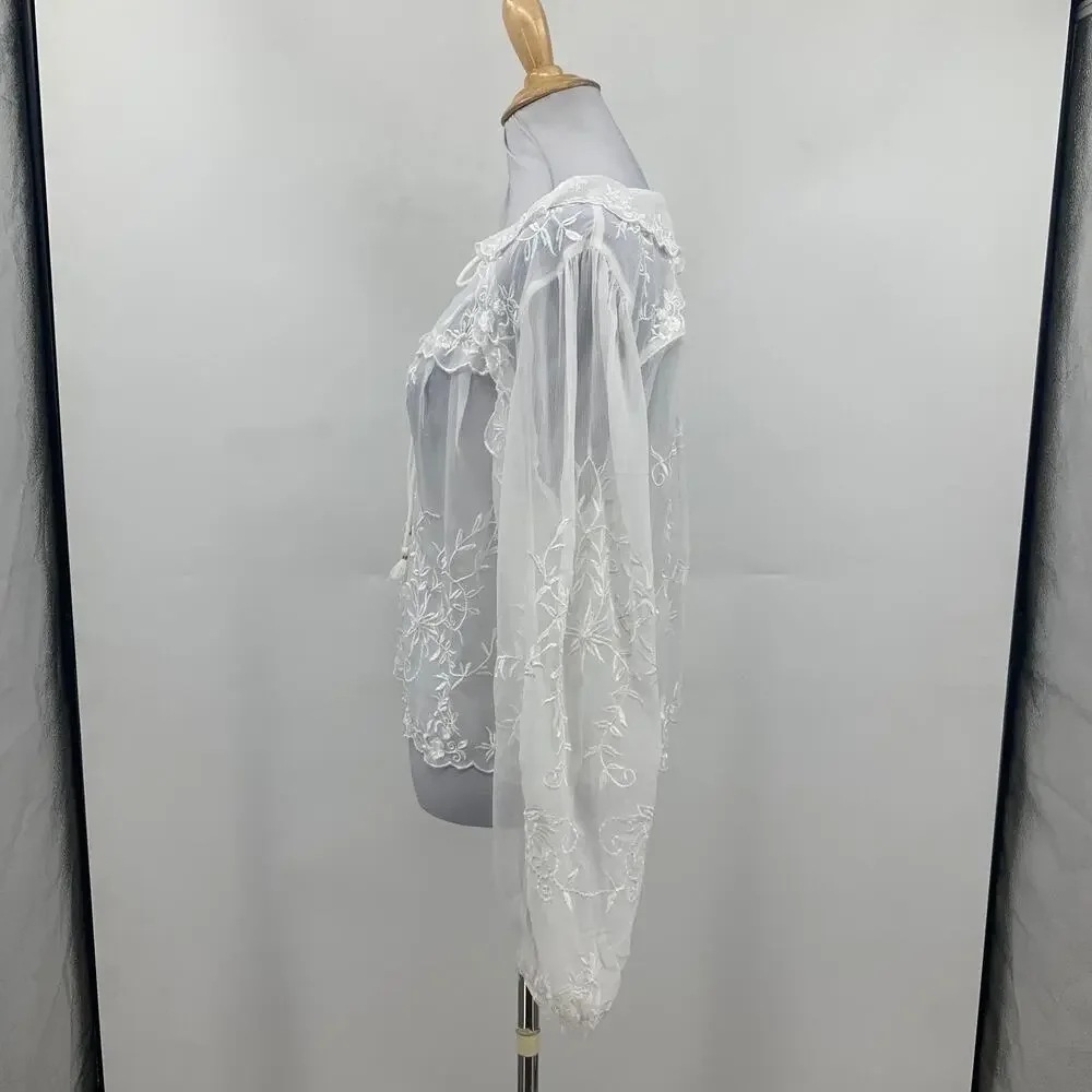 Free People Poncho Cape Womens S Small? White Tie Front Floral Embroidered Sheer